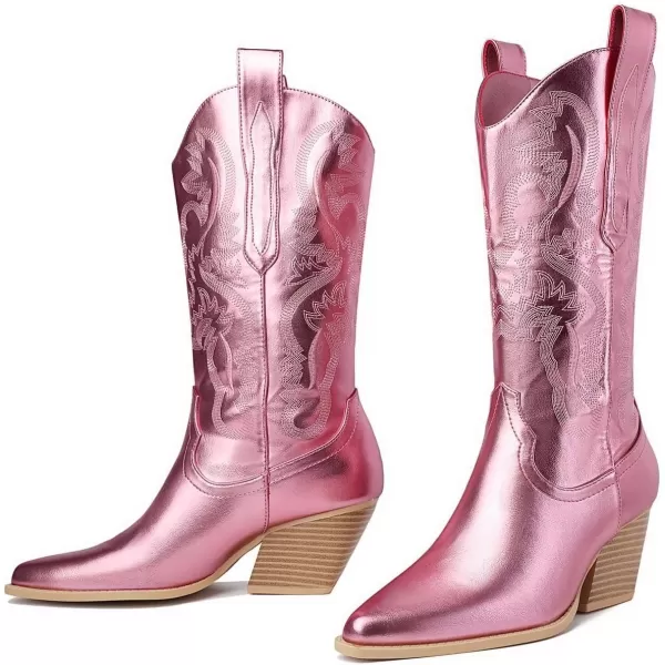 Mostrin Cowgirl Cowboy Boots Square Toe MidCalf Boot Chunky Block Heeled Pull On Western BootPink B