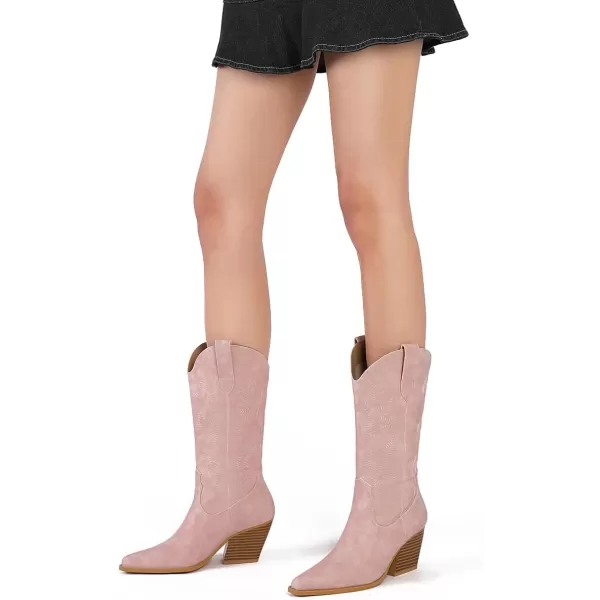 Mostrin Cowgirl Cowboy Boots Square Toe MidCalf Boot Chunky Block Heeled Pull On Western BootPink Pu