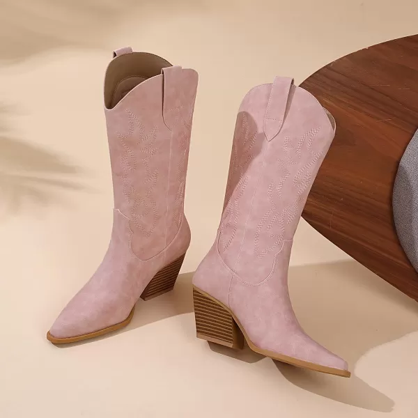 Mostrin Cowgirl Cowboy Boots Square Toe MidCalf Boot Chunky Block Heeled Pull On Western BootPink Pu