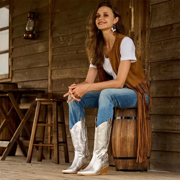 Mostrin Cowgirl Cowboy Boots Square Toe MidCalf Boot Chunky Block Heeled Pull On Western BootSilver