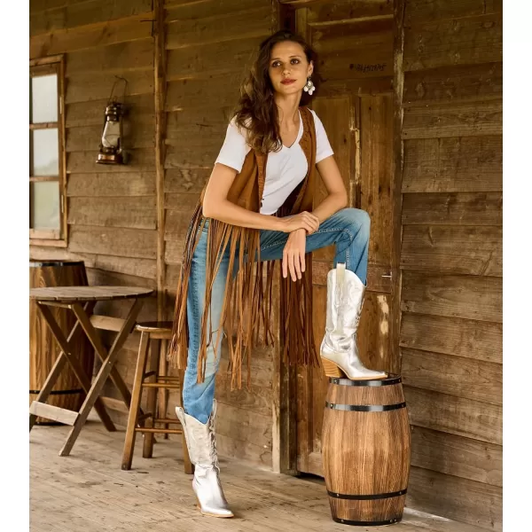 Mostrin Cowgirl Cowboy Boots Square Toe MidCalf Boot Chunky Block Heeled Pull On Western BootSilver
