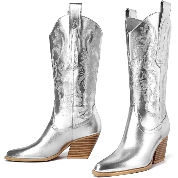 Mostrin Cowgirl Cowboy Boots Square Toe MidCalf Boot Chunky Block Heeled Pull On Western BootSilver