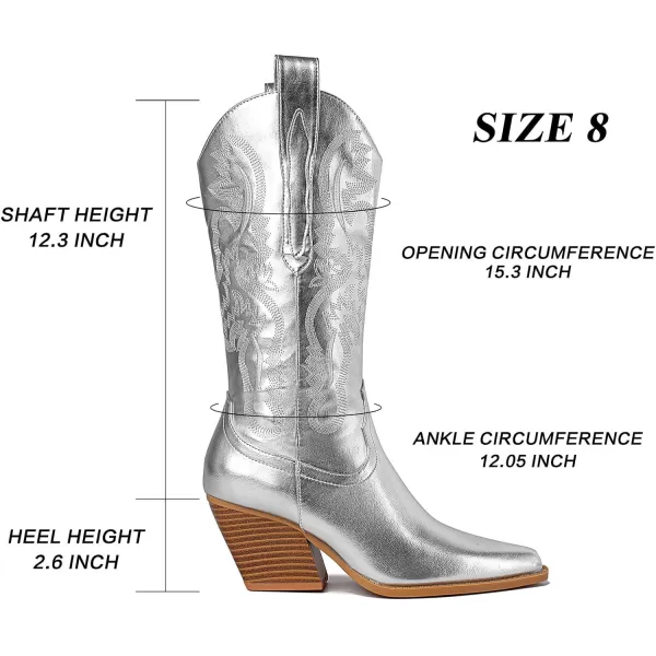 Mostrin Cowgirl Cowboy Boots Square Toe MidCalf Boot Chunky Block Heeled Pull On Western BootSilver
