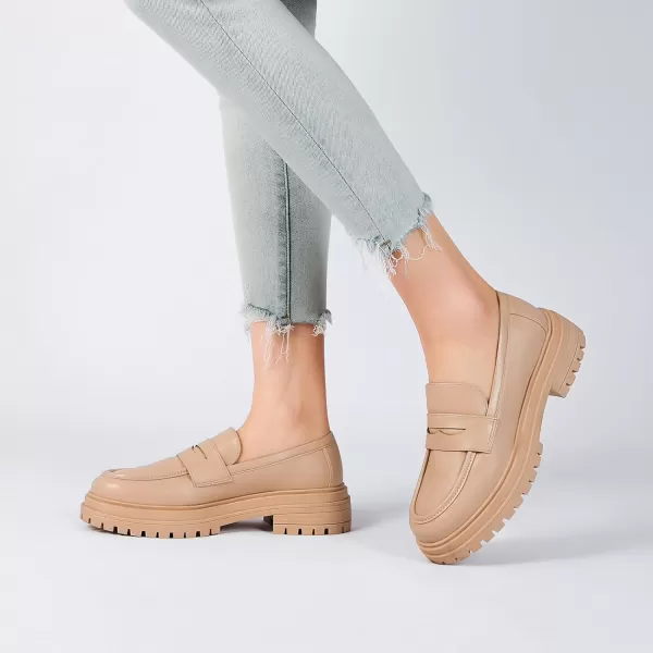 Mostrin Loafers for Women Lug Sole Platform Mid Chunky Loafers Classic Round Toe Slip On Loafers Comfortable Penny Casual ShoesApricot