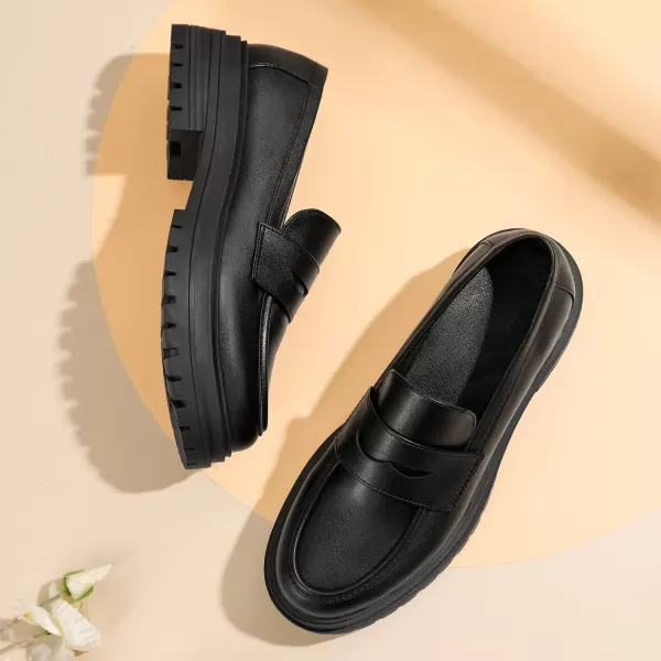 Mostrin Loafers for Women Lug Sole Platform Mid Chunky Loafers Classic Round Toe Slip On Loafers Comfortable Penny Casual ShoesBlack