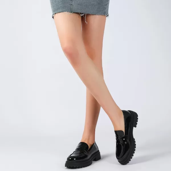 Mostrin Loafers for Women Lug Sole Platform Mid Chunky Loafers Classic Round Toe Slip On Loafers Comfortable Penny Casual ShoesCool Black