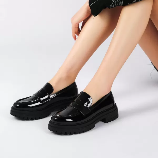 Mostrin Loafers for Women Lug Sole Platform Mid Chunky Loafers Classic Round Toe Slip On Loafers Comfortable Penny Casual ShoesCool Black