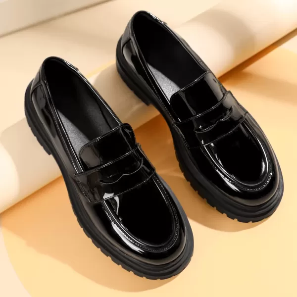Mostrin Loafers for Women Lug Sole Platform Mid Chunky Loafers Classic Round Toe Slip On Loafers Comfortable Penny Casual ShoesCool Black