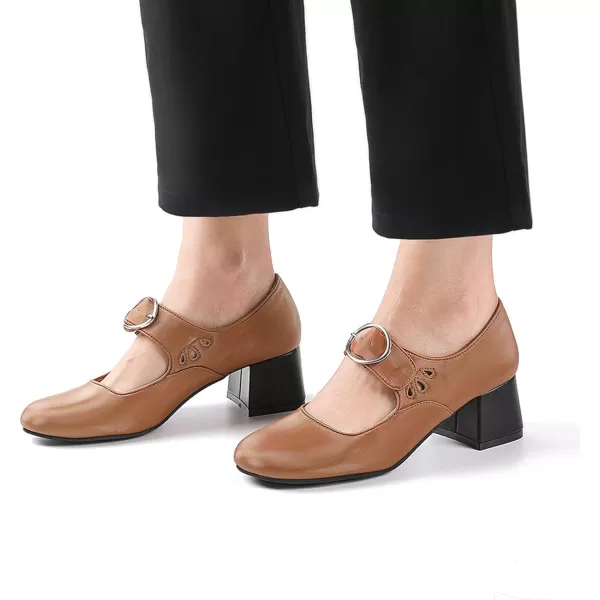 Mostrin Mary Jane Shoes Women Leather Chunky Mid Heel Casual Vintage Dance Dress ShoesBrown