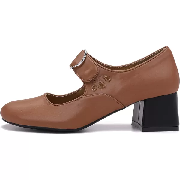 Mostrin Mary Jane Shoes Women Leather Chunky Mid Heel Casual Vintage Dance Dress ShoesBrown