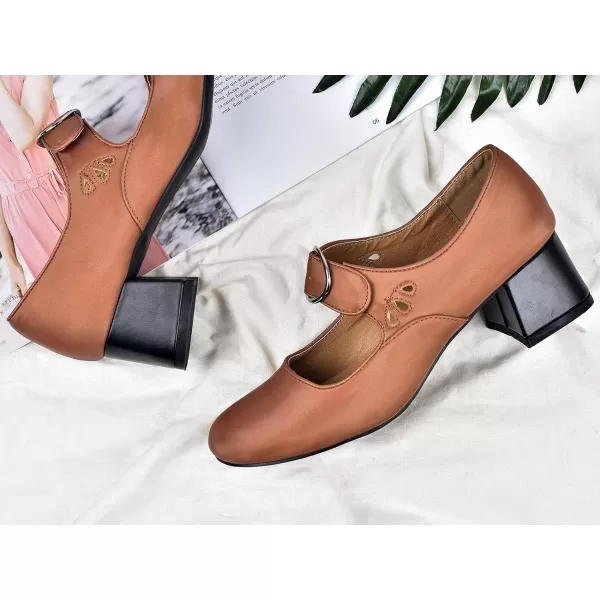 Mostrin Mary Jane Shoes Women Leather Chunky Mid Heel Casual Vintage Dance Dress ShoesBrown