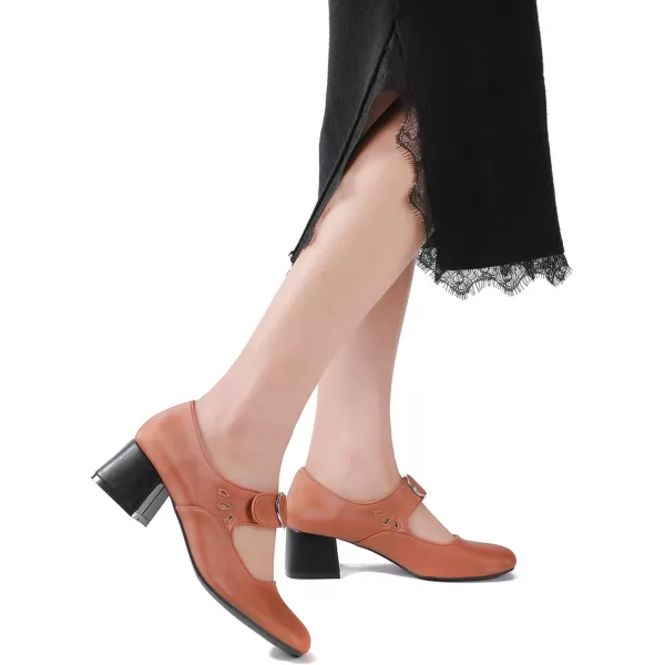 Mostrin Mary Jane Shoes Women Leather Chunky Mid Heel Casual Vintage Dance Dress ShoesBrown