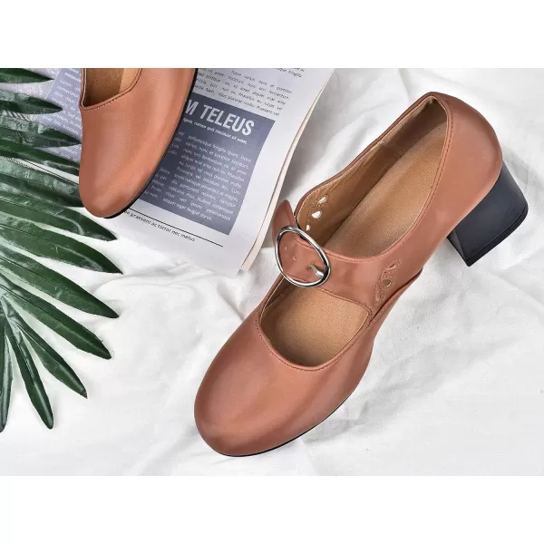 Mostrin Mary Jane Shoes Women Leather Chunky Mid Heel Casual Vintage Dance Dress ShoesBrown