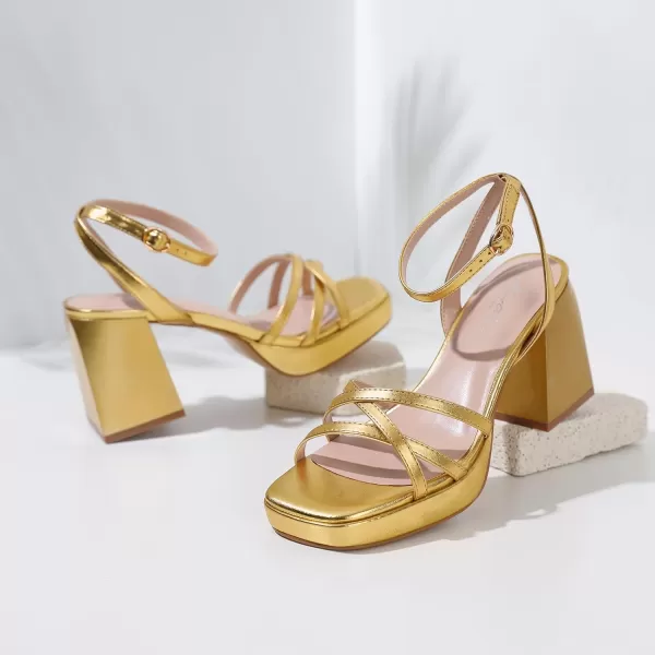 Mostrin Platform Heels for Women Strappy Lace Up Heels Sexy Chunky Block Heeled Sandals Ankle Strap Square Open Toe Heels for Wedding Prom Party Y2K Dress ShoesGold