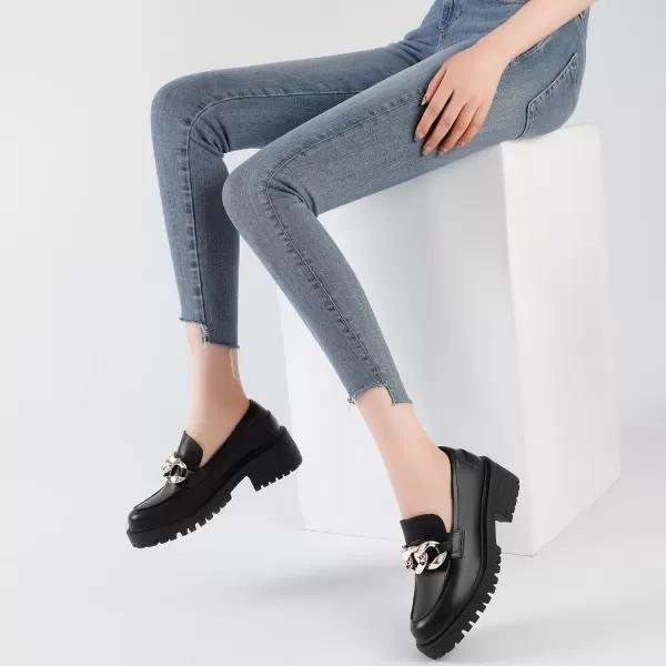 Mostrin Platform Loafers for Women with Chain Slip On Round Toe Chunky Loafer Shoes Penny Casual Lug Sole Business ShoesBlack