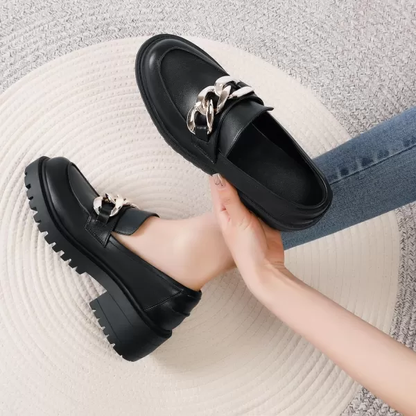 Mostrin Platform Loafers for Women with Chain Slip On Round Toe Chunky Loafer Shoes Penny Casual Lug Sole Business ShoesBlack