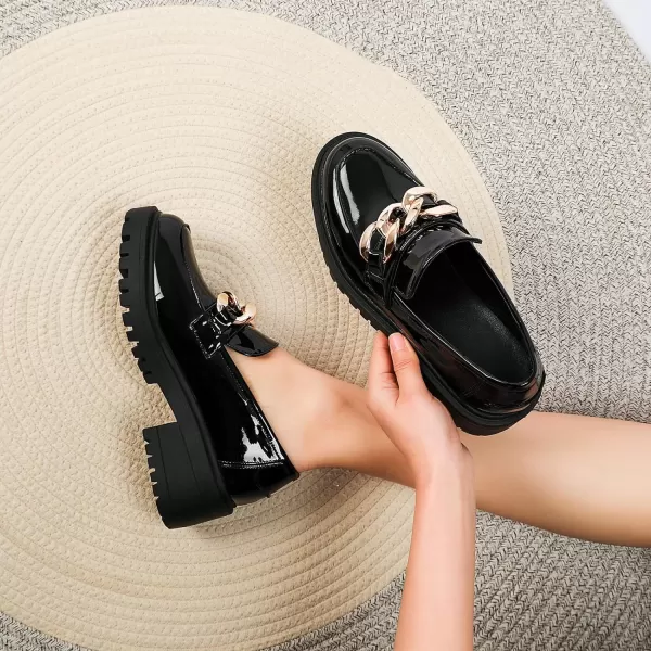 Mostrin Platform Loafers for Women with Chain Slip On Round Toe Chunky Loafer Shoes Penny Casual Lug Sole Business ShoesBlack01