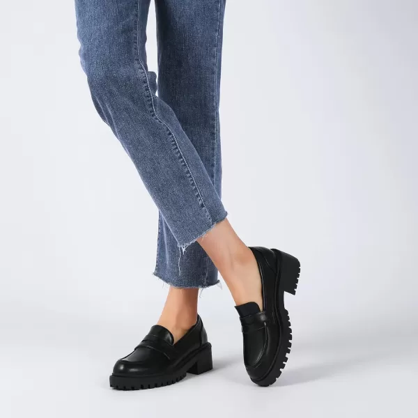 Mostrin Platform Loafers for Women with Chain Slip On Round Toe Chunky Loafer Shoes Penny Casual Lug Sole Business ShoesBlack02 Pu