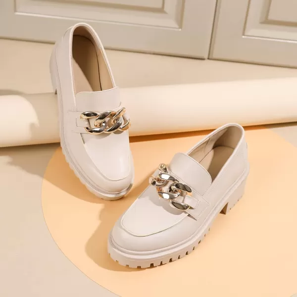 Mostrin Platform Loafers for Women with Chain Slip On Round Toe Chunky Loafer Shoes Penny Casual Lug Sole Business ShoesCream