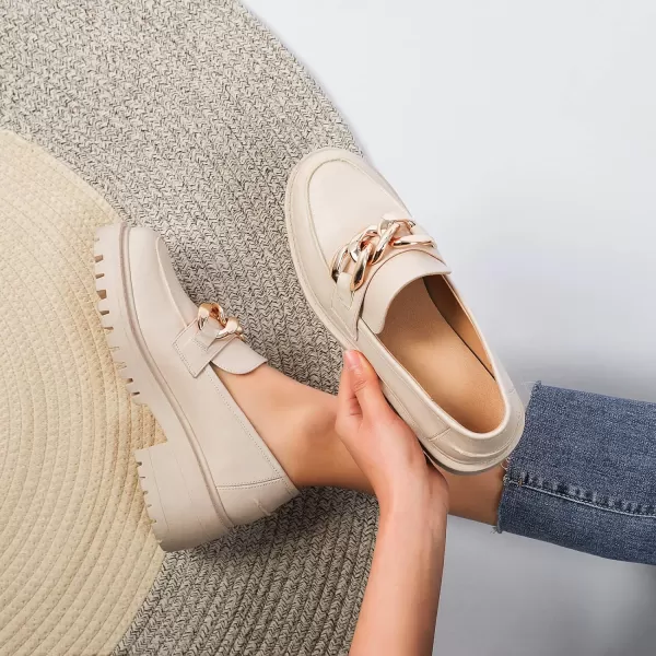 Mostrin Platform Loafers for Women with Chain Slip On Round Toe Chunky Loafer Shoes Penny Casual Lug Sole Business ShoesCream