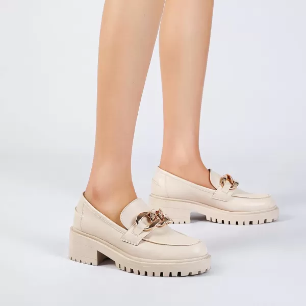 Mostrin Platform Loafers for Women with Chain Slip On Round Toe Chunky Loafer Shoes Penny Casual Lug Sole Business ShoesCream