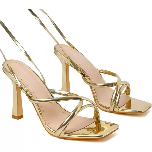 Mostrin White Strappy Heels for Women Lace Up Heels Tie Up Stiletto High Heeled Sandals Square Open Toe Heels for Prom PartyGold