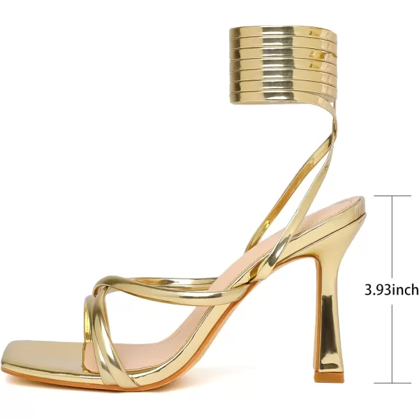 Mostrin White Strappy Heels for Women Lace Up Heels Tie Up Stiletto High Heeled Sandals Square Open Toe Heels for Prom PartyGold