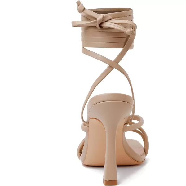 Mostrin White Strappy Heels for Women Lace Up Heels Tie Up Stiletto High Heeled Sandals Square Open Toe Heels for Prom PartyNude