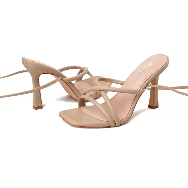 Mostrin White Strappy Heels for Women Lace Up Heels Tie Up Stiletto High Heeled Sandals Square Open Toe Heels for Prom PartyNude
