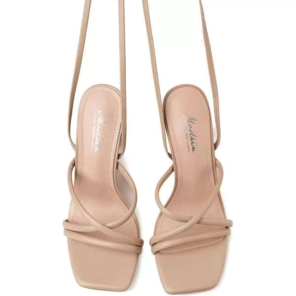 Mostrin White Strappy Heels for Women Lace Up Heels Tie Up Stiletto High Heeled Sandals Square Open Toe Heels for Prom PartyNude