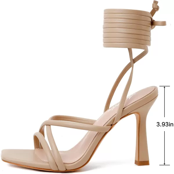 Mostrin White Strappy Heels for Women Lace Up Heels Tie Up Stiletto High Heeled Sandals Square Open Toe Heels for Prom PartyNude