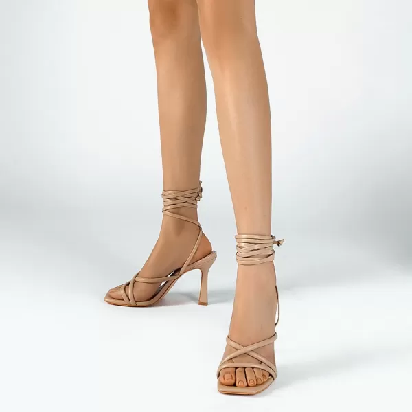 Mostrin White Strappy Heels for Women Lace Up Heels Tie Up Stiletto High Heeled Sandals Square Open Toe Heels for Prom PartyNude