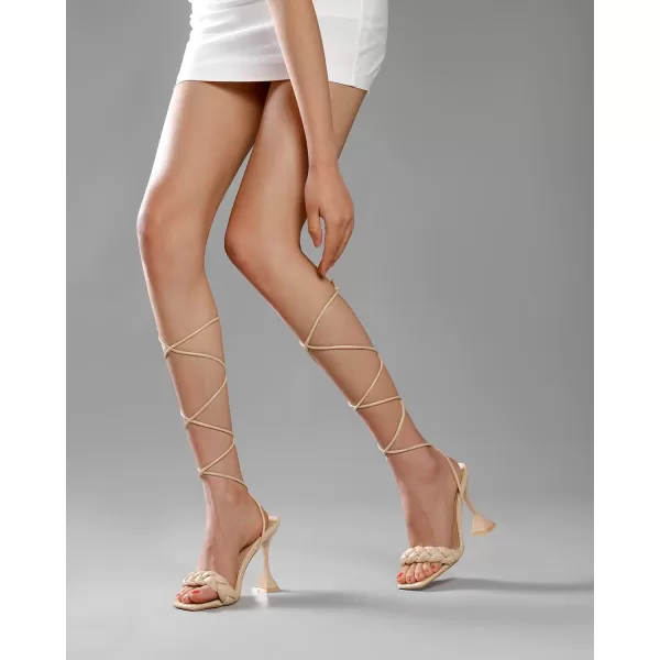 Mostrin White Strappy Heels for Women Lace Up Heels Tie Up Stiletto High Heeled Sandals Square Open Toe Heels for Prom PartyNude1
