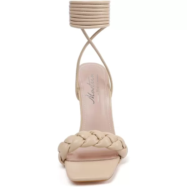 Mostrin White Strappy Heels for Women Lace Up Heels Tie Up Stiletto High Heeled Sandals Square Open Toe Heels for Prom PartyNude1