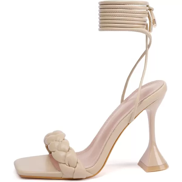 Mostrin White Strappy Heels for Women Lace Up Heels Tie Up Stiletto High Heeled Sandals Square Open Toe Heels for Prom PartyNude1