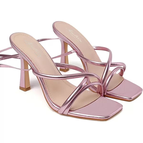 Mostrin White Strappy Heels for Women Lace Up Heels Tie Up Stiletto High Heeled Sandals Square Open Toe Heels for Prom PartyPink