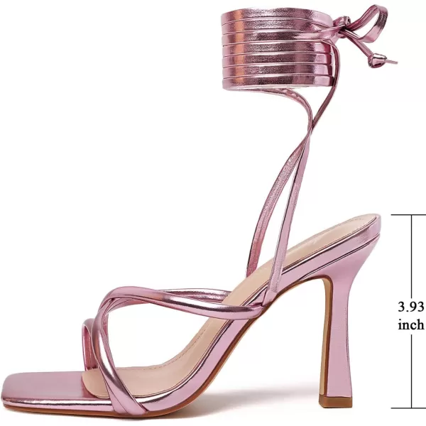 Mostrin White Strappy Heels for Women Lace Up Heels Tie Up Stiletto High Heeled Sandals Square Open Toe Heels for Prom PartyPink