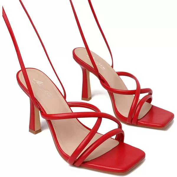 Mostrin White Strappy Heels for Women Lace Up Heels Tie Up Stiletto High Heeled Sandals Square Open Toe Heels for Prom PartyRed
