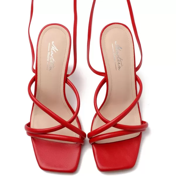 Mostrin White Strappy Heels for Women Lace Up Heels Tie Up Stiletto High Heeled Sandals Square Open Toe Heels for Prom PartyRed