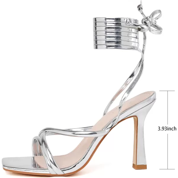 Mostrin White Strappy Heels for Women Lace Up Heels Tie Up Stiletto High Heeled Sandals Square Open Toe Heels for Prom PartySilver