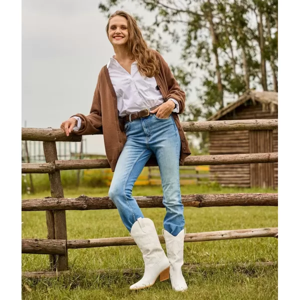 Mostrin Women Cowgirl Boots Pointed Toe Cowboy MidCalf Boot Chunky Block Heeled Pull On Western BootWhite