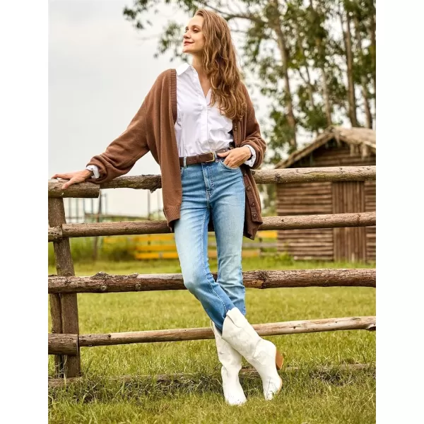 Mostrin Women Cowgirl Boots Pointed Toe Cowboy MidCalf Boot Chunky Block Heeled Pull On Western BootWhite