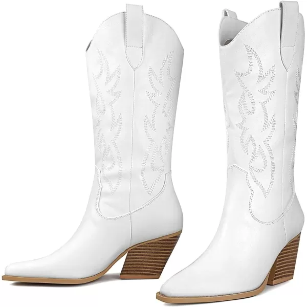 Mostrin Women Cowgirl Boots Pointed Toe Cowboy MidCalf Boot Chunky Block Heeled Pull On Western BootWhite