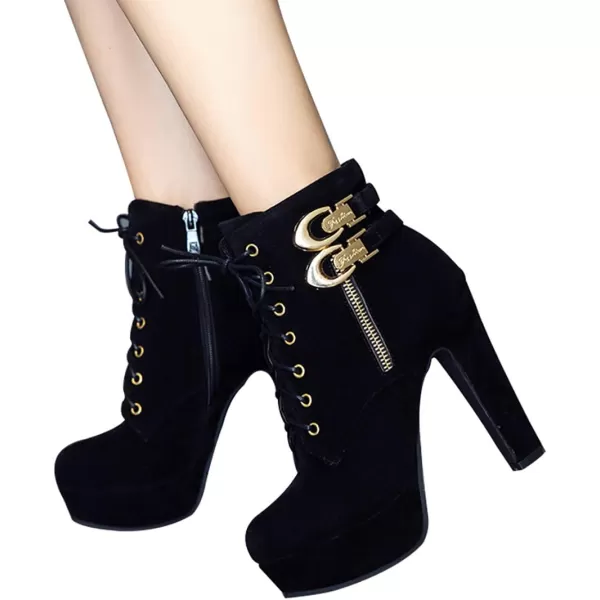 Mostrin Womens Lace up Martin Boots Round Toe Platform Chunky High Heel Double Buckle Side Zipper Suede Ankle BootsBlack