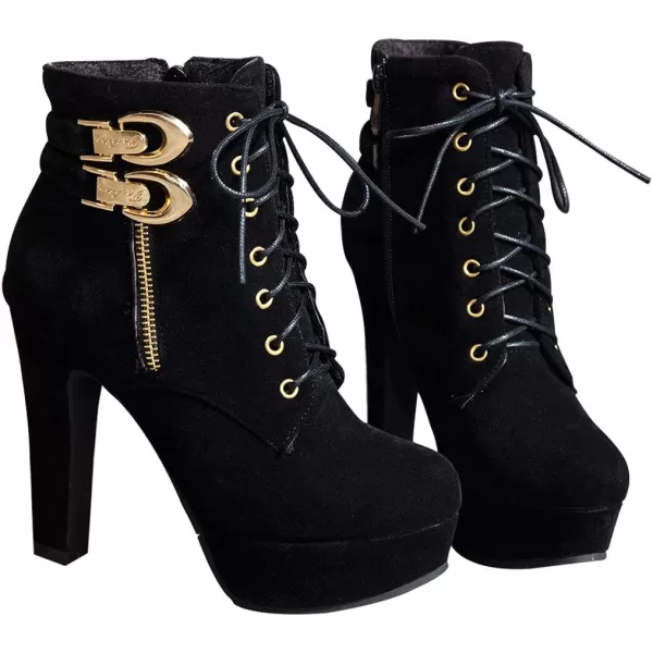 Mostrin Womens Lace up Martin Boots Round Toe Platform Chunky High Heel Double Buckle Side Zipper Suede Ankle BootsBlack