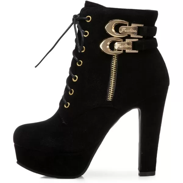 Mostrin Womens Lace up Martin Boots Round Toe Platform Chunky High Heel Double Buckle Side Zipper Suede Ankle BootsBlack