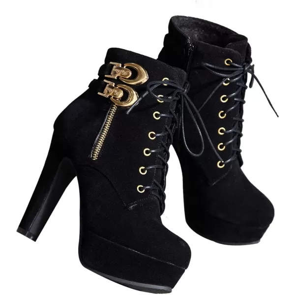 Mostrin Womens Lace up Martin Boots Round Toe Platform Chunky High Heel Double Buckle Side Zipper Suede Ankle BootsBlack