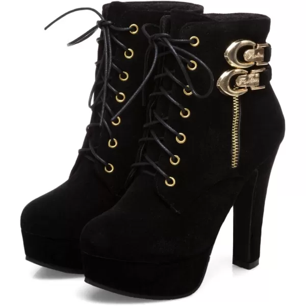 Mostrin Womens Lace up Martin Boots Round Toe Platform Chunky High Heel Double Buckle Side Zipper Suede Ankle BootsBlack