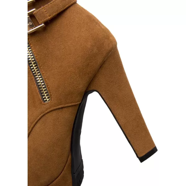 Mostrin Womens Lace up Martin Boots Round Toe Platform Chunky High Heel Double Buckle Side Zipper Suede Ankle BootsBrown