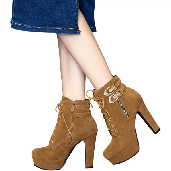Mostrin Womens Lace up Martin Boots Round Toe Platform Chunky High Heel Double Buckle Side Zipper Suede Ankle BootsBrown